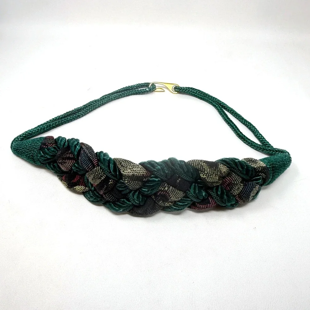 Womens Vintage Woven Belt Set 2 Navy‎ Blue Crochet & Green Braided Tapestry M/L